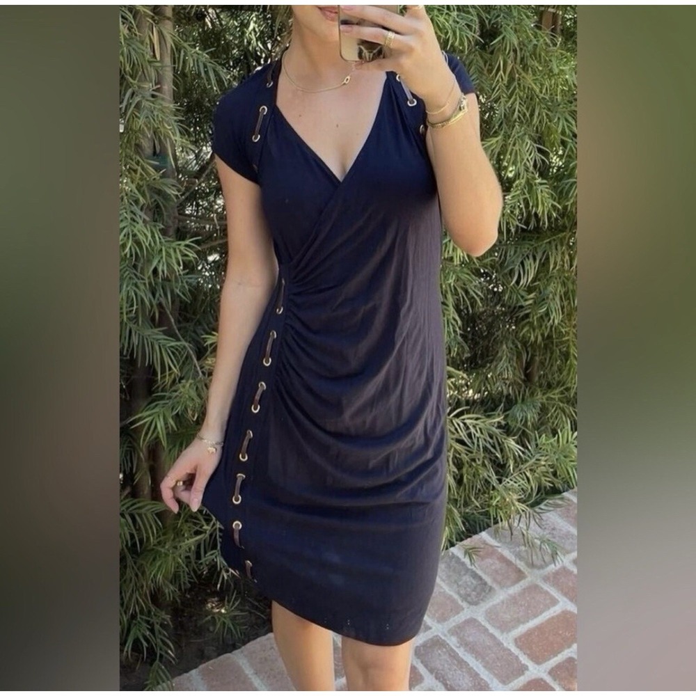 Carmen‎ Marc Valvo Stretchy Faux Leather Detail Bodycon Dress Navy Medium glam